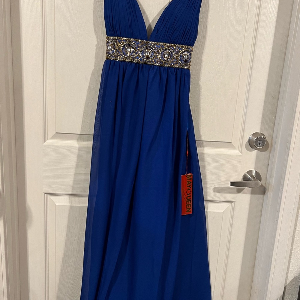 Blue Maxi Dress with Embellished Waist